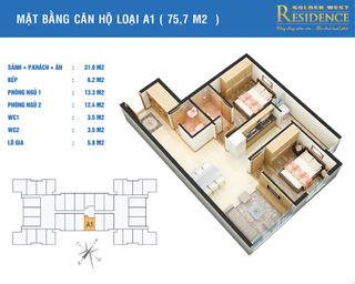 Mặt bằng điển hình chung cư Golden West - Căn hộ A1