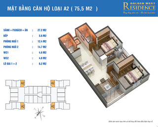 Mặt bằng điển hình chung cư Golden West - Căn hộ A2