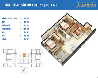 Mặt bằng điển hình chung cư Golden West - Căn hộ B1