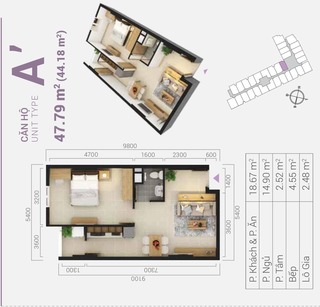 Thiết kế căn hộ 1 phòng ngủ ( 1pn ) chung cư City Tower Bình Dương - Loại A'